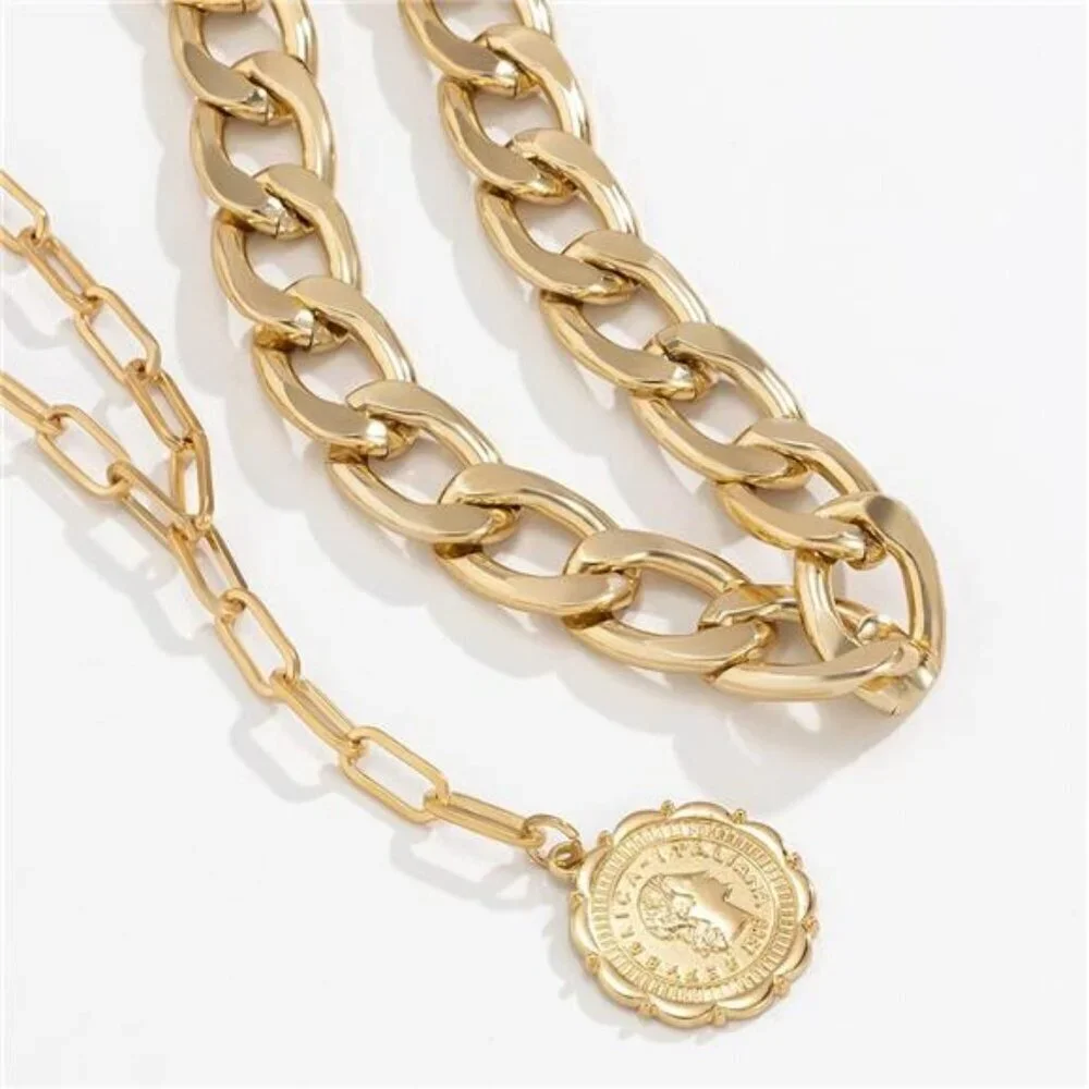 Women Gold Boho Cuban Chunky Necklace Layered Paperclip Chain with Coin Pendant - Picture 4 of 7